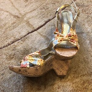 VEGAN Floral Cork Open Toe Slingback Wedges SZ 7.5